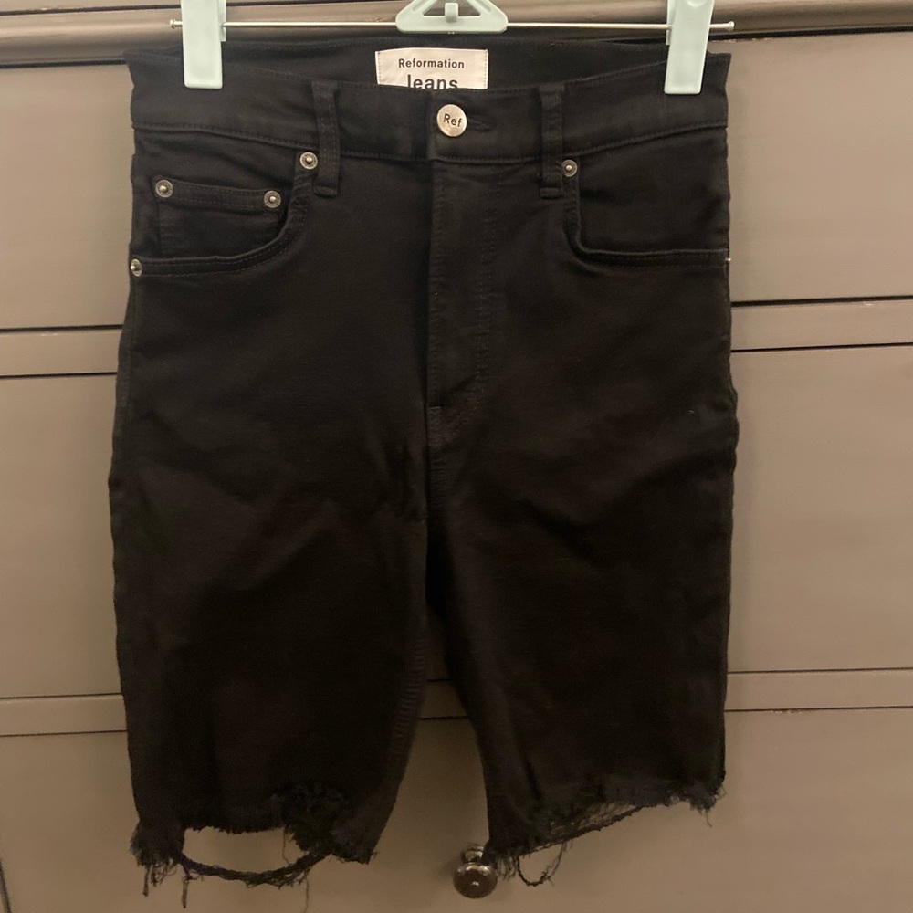 Reformation Elsa shorts; black cut-offs, size 25